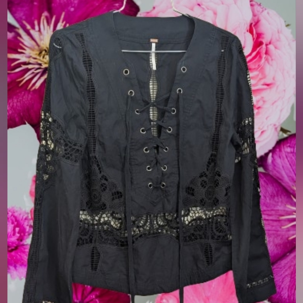 FREE PEOPLE Bittersweet LaceUp Blouse Whimsigoth Bewitching - Picture 3 of 7
